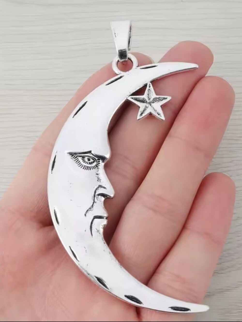 Silver Moon Face and Star Necklace Pendant - Womens Jewelry